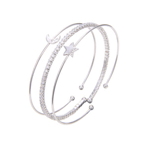 Silver Plated CZ Cubic Zirconia Bangle Bracelet, CZ Star Moon Print Bangle Bracelet