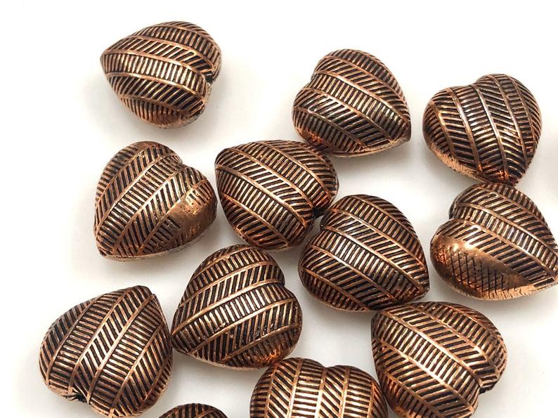 Handmade Solid Copper Bali Style Spacer Beads, Copper Heart Shape Beads 25 Pcs