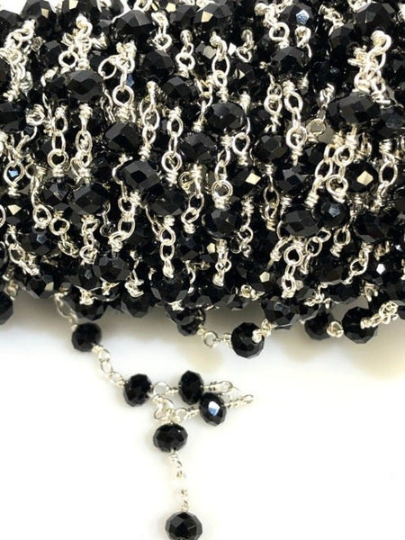 Black Crystal Beaded Chain, Crystal Rosary Beaded Chain 3 Feet