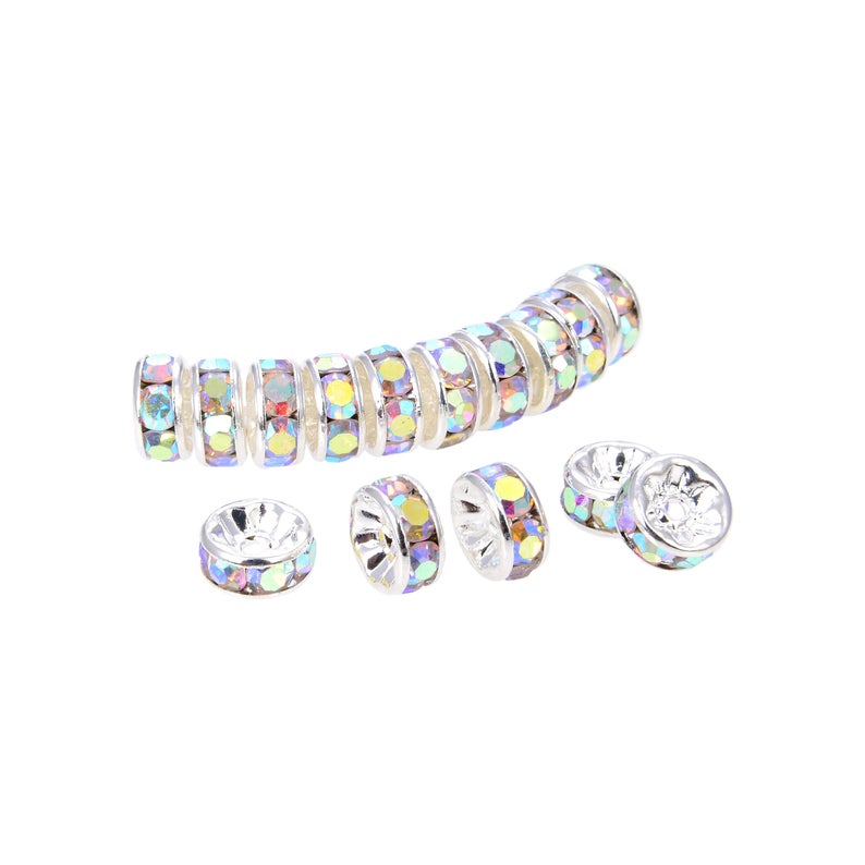 200Pcs Bright Silver Plated 8 mm Irrisdent Color Crystal Rondelle Spacer Beads