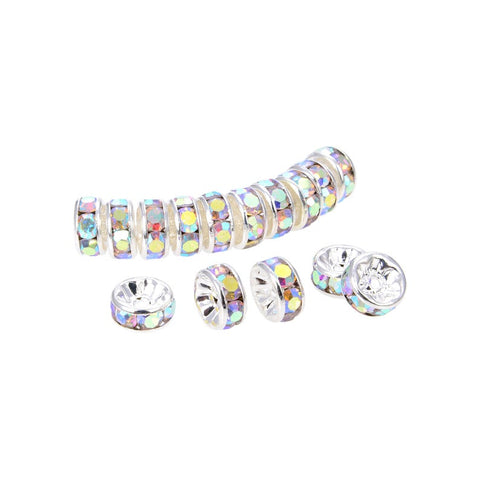 200Pcs Bright Silver Plated 8 mm Irrisdent Color Crystal Rondelle Spacer Beads