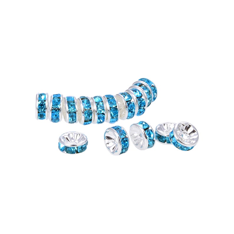 Bright Silver Plated 8 mm Teal Crystal Rondelle Spacer Beads