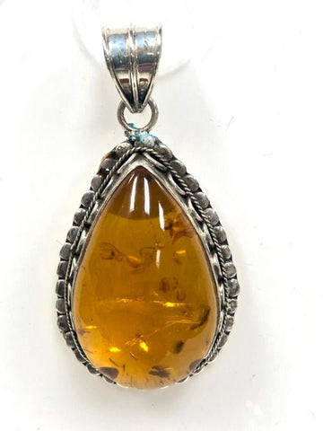 92.5 Sterling Silver Amber Pendant, Solid Sterling Silver Pendant 2 Inch Long