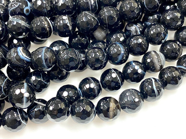 Natural Black Stripe Agate Gemstone Beads / Faceted Round Shape Beads / Healing Energy Stone Beads / 10mm 2 Strands Beads