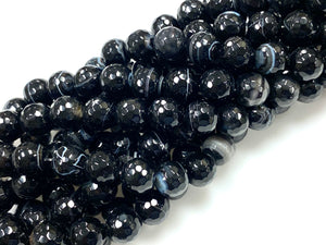 Natural Black Stripe Agate Gemstone Beads / Faceted Round Shape Beads / Healing Energy Stone Beads / 10mm 2 Strands Beads