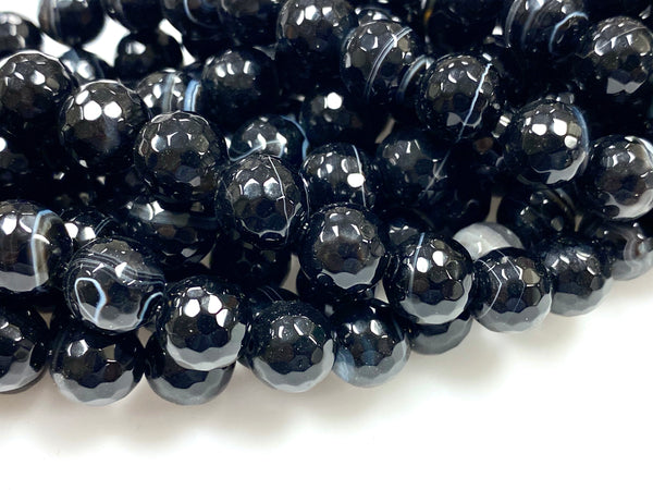 Natural Black Stripe Agate Gemstone Beads / Faceted Round Shape Beads / Healing Energy Stone Beads / 10mm 2 Strands Beads