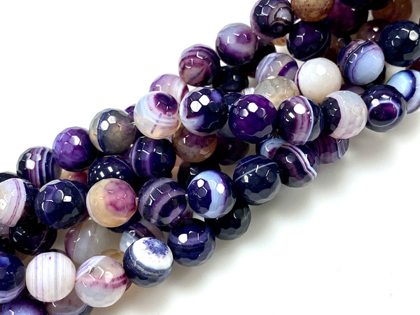 Natural Purple Stripe Agate Gemstone Beads / Round Shape Beads / Healing Energy Stone Beads / 10mm 2 Strands Beads
