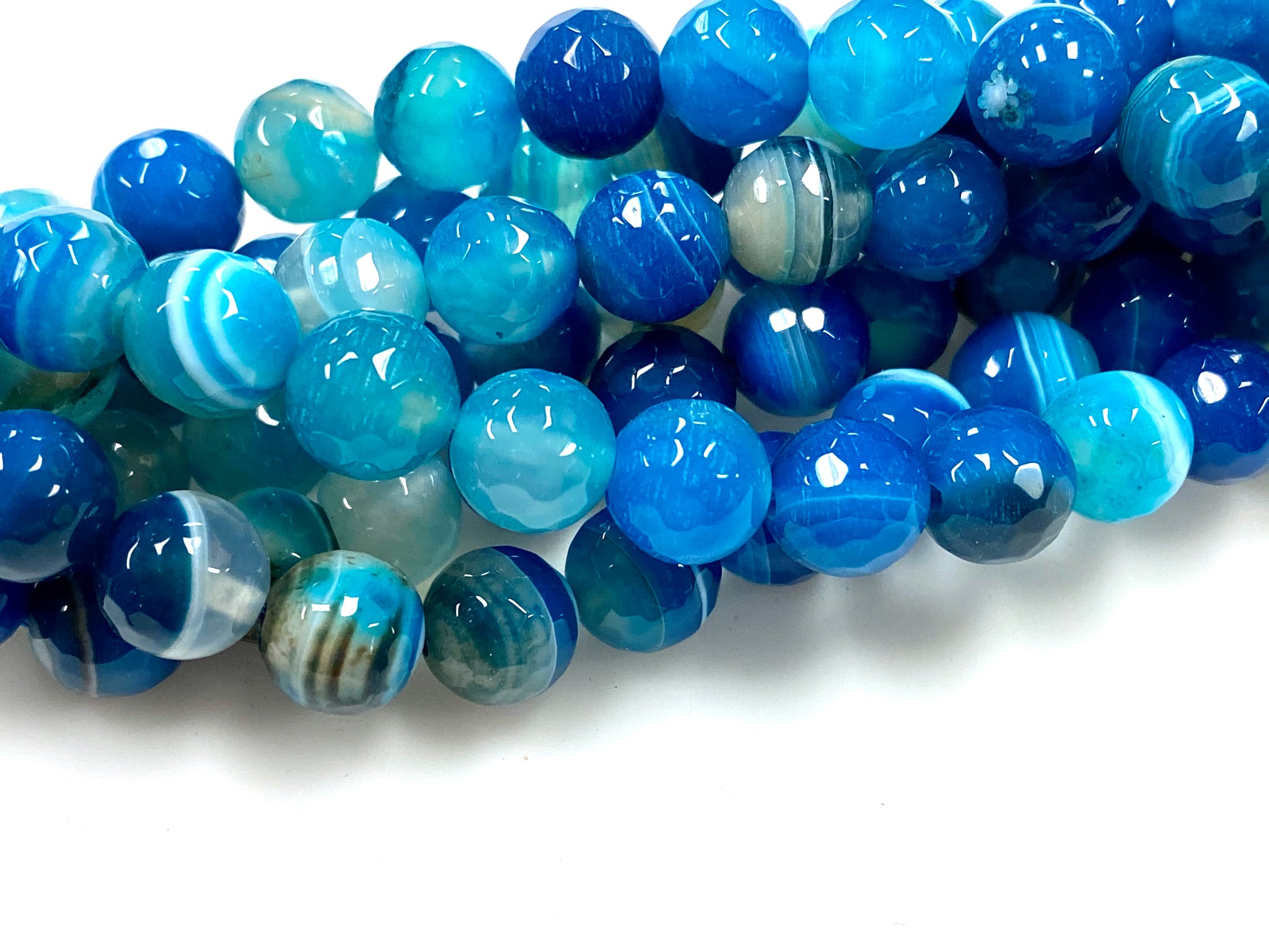 Natural Stripe Blue Agate Gemstone Beads / Faceted Round Shape Beads / Healing Energy Stone Beads / 10mm 2 Strands Beads