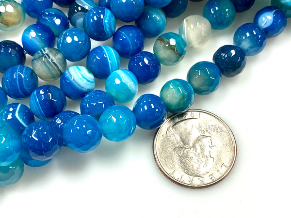 Natural Stripe Blue Agate Gemstone Beads / Faceted Round Shape Beads / Healing Energy Stone Beads / 10mm 2 Strands Beads