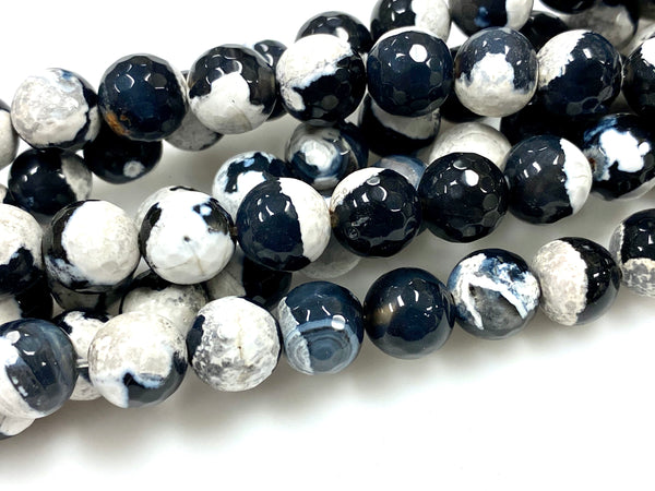 Black and White Agate Natural Gemstone Beads / Faceted Round Shape Beads / Healing Energy Stone Beads / 10mm 2 Strands Beads