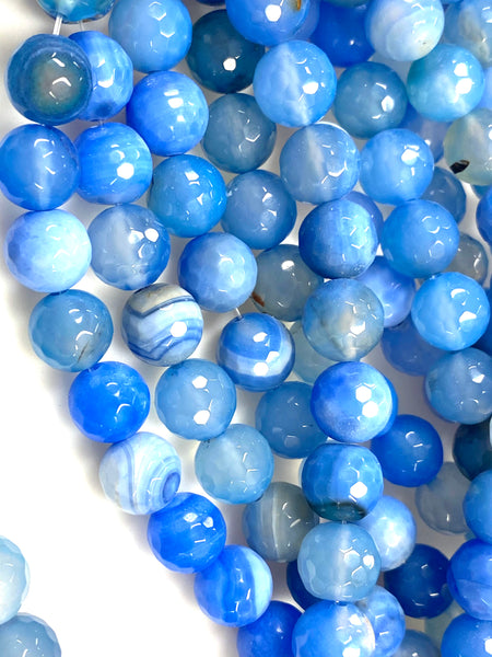 Natural Blue Stripe Agate Gemstone Beads / Faceted Round Shape Beads / Healing Energy Stone Beads / 10mm 2 Strands Beads
