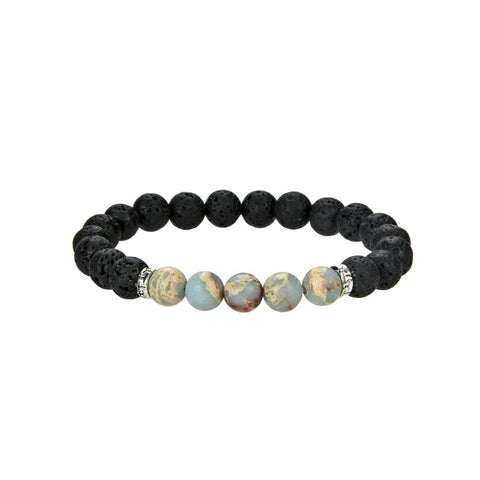 Natural Black Lava and Aqua Imperial Jasper Beaded Bracelet, Round 8 mm Beaded Bracelet