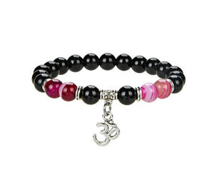 Natural Black Onyx And Pink Stripped Agate Beaded Bracelet With Metal, Agate and Onyx Round Shape Om Sign Bracelet