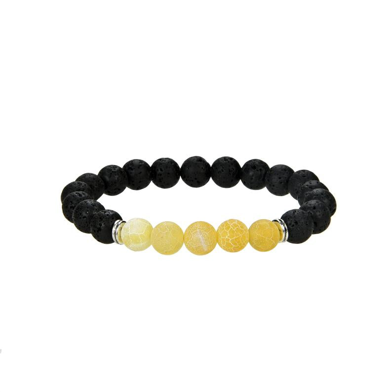 Natural Black Lava and Frosted Yellow Agate Beaded Bracelet, 8 mm Round Beaded Bracelet