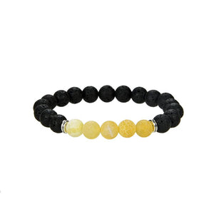 Natural Black Lava and Frosted Yellow Agate Beaded Bracelet, 8 mm Round Beaded Bracelet