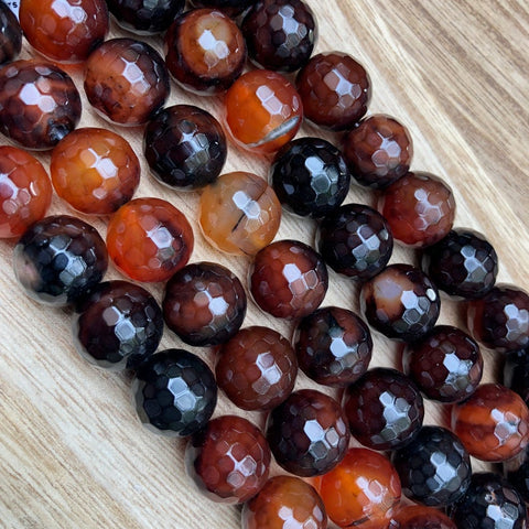Natural Orange and Black Agate Beads, Agate Faceted 14 mm Round Shape Beads