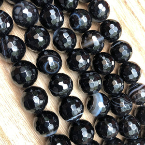 Natural Black Agate Faceted Beads, Agate Faceted 14 mm Round Shape Beads