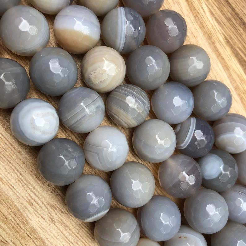 Natural Grey Agate Beads, Agate Round Shape 14 mm Faceted Beads