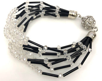 Crystal Glass Multi Strand Beaded Bracelet, Rhinestone Magnetic Clasp Beaded Bracelet,