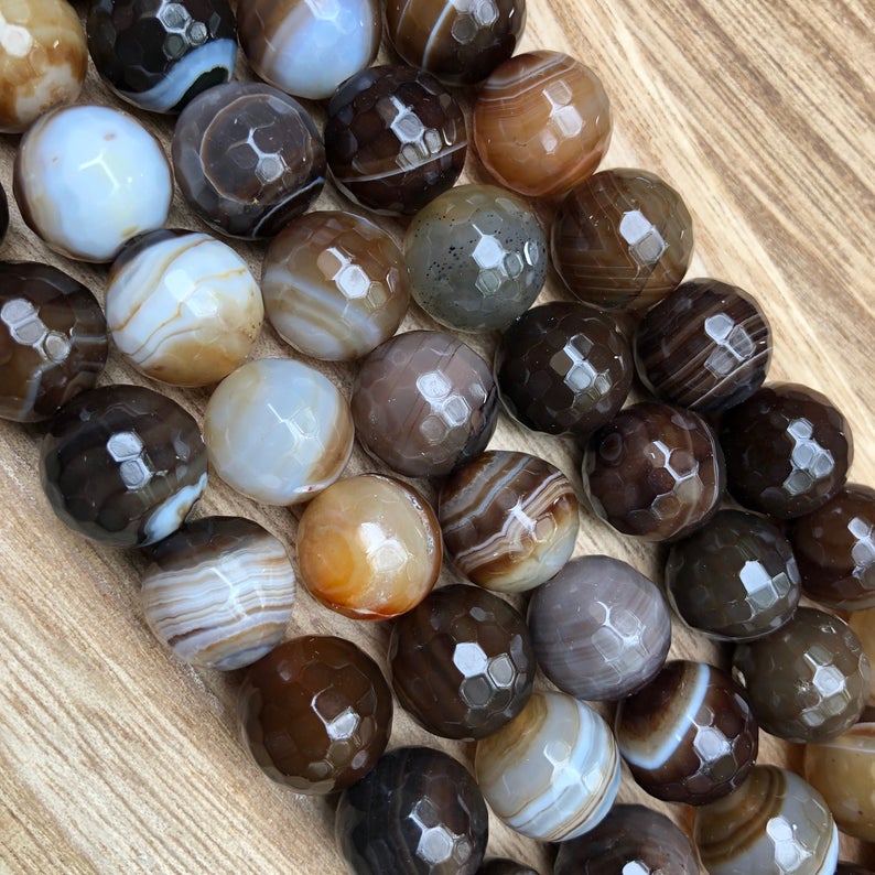 Natural Brown Agate Faceted Beads, Agate Round Shape 14 mm Smooth Beads