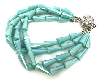 Turquoise Crystal Glass Beaded Bracelet, Magnetic Clasp Rhinestone Bracelet, Multi Strand Beaded Bracelet