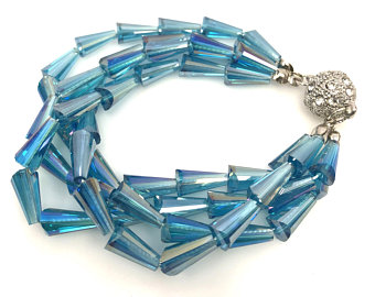 Turquoise Crystal Glass Beaded Bracelet, Magnetic Clasp Rhinestone Bracelet, Multi Strand Beaded Bracelet