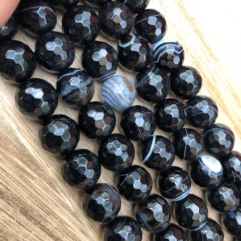 Natural Black Stripped Agate Faceted Beads, Stripped Agate 12 mm Round Shape Beads