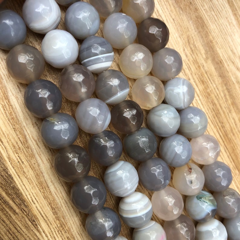 Natural Grey Agate Beads, Agate 10 mm Round Shape Faceted Beads