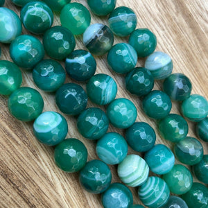 Natural Green Stripped Agate Beads, Agate Faceted 10 mm Round Beads