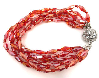 Crystal Glass Beaded Bracelet, Magnetic Clasp Rhinestone, Multi Strand Beaded Bracelet