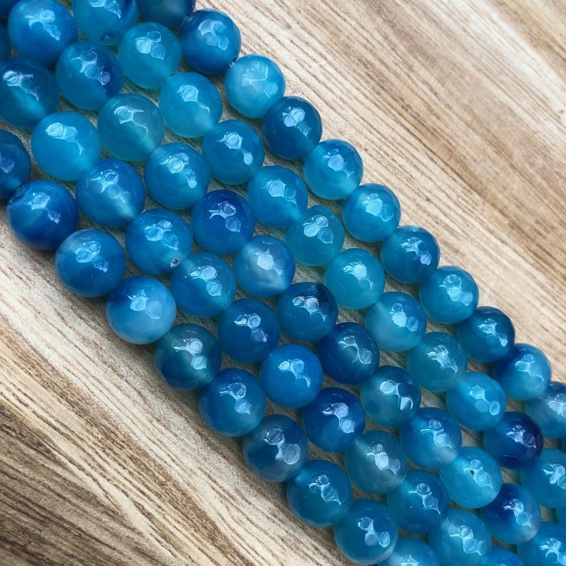 Natural Turquoise Blue Agate Beads, Agate 8 mm Faceted Round Beads