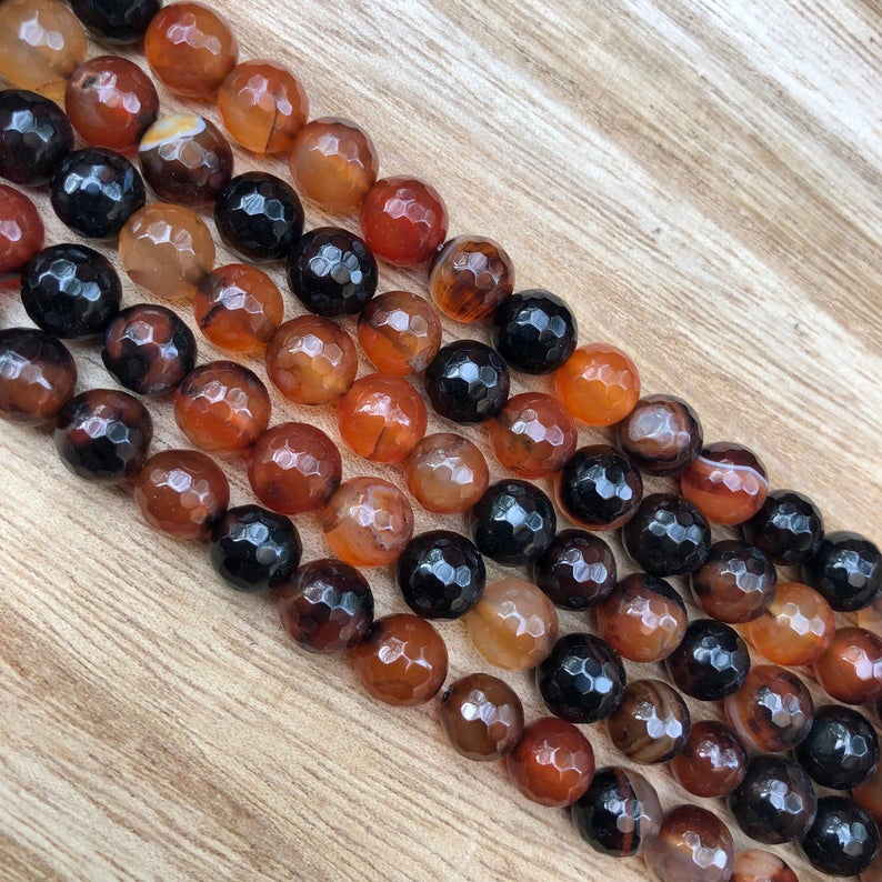 Natural Orange and Black Agate Beads, Agate 8 mm Faceted Oval Shape Beads