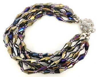 Crystal Glass Beaded Bracelet, Magnetic Clasp Bracelet, Rhinestone Multi Strand Bracelet