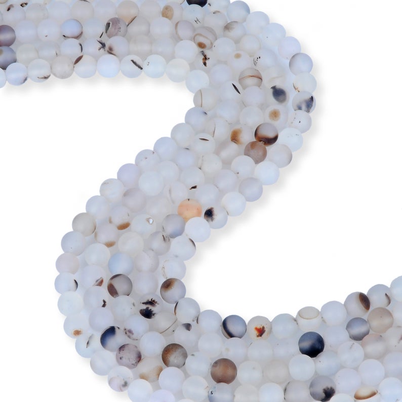 Natural Frosted White Spotted Agate Beads, 8 mm Smooth Beads, Round Shape White Agate Stone Beads