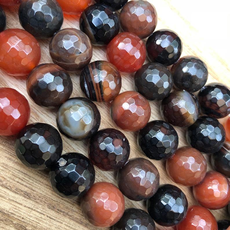 Natural Orange and Black Agate Beads, Agate 14 mm Faceted Round Shape Beads