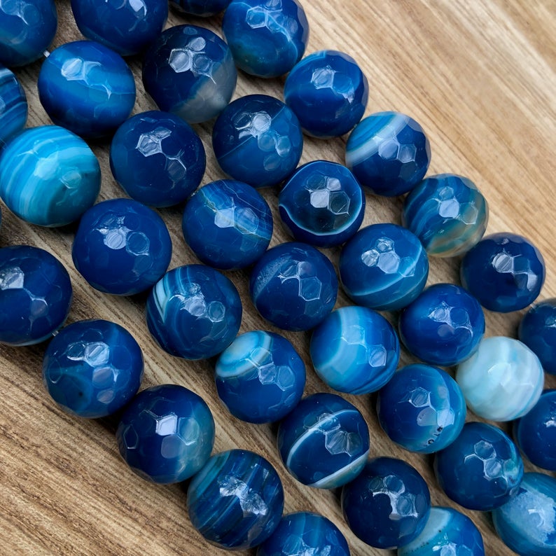 Natural Blue Stripped Agate Beads, Agate 8 mm Round Shape Faceted Beads