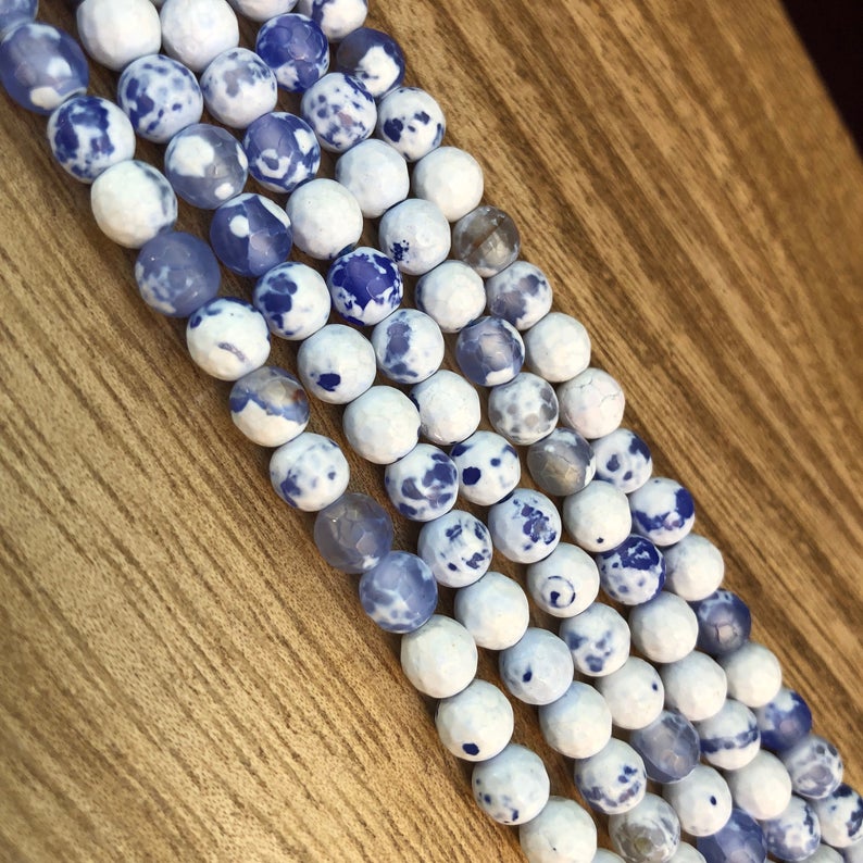 Natural Blue White Agate Beads, Agate 6 mm Faceted Beads, Agate Round Shape Beads