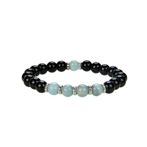 Natural Black Onyx and Amazonite Beaded Bracelet With Metal, 8 mm Round Beaded Bracelet