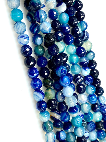 Natural Stripped Blue Agate Beads / Healing Energy Stone Beads / 6mm 2 Strand Gemstone Beads For DIY Jewelry Making / Faceted Round Shape Beads
