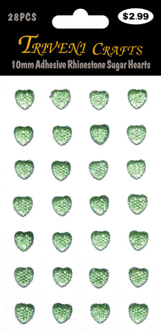 10mm Adhesive Rhinestone Sugar Hearts - Green