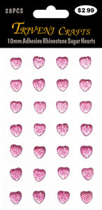 10mm Adhesive Rhinestone Sugar Hearts - Pink