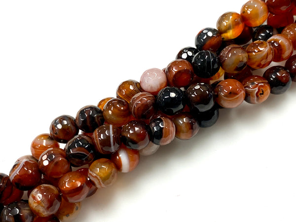 Natural Orange and Black Agate Beads / Faceted Round Shape Beads / Healing Energy Stone Beads / 8mm 2 Strands Beads