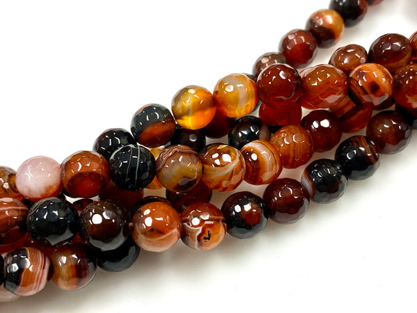 Natural Orange and Black Agate Beads / Faceted Round Shape Beads / Healing Energy Stone Beads / 8mm 2 Strands Beads