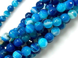 Natural Stripe Blue Agate Beads / Faceted Round Shape Beads / Healing Energy Stone Beads / 8mm 2 Strands Beads