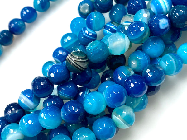 Natural Stripe Blue Agate Beads / Faceted Round Shape Beads / Healing Energy Stone Beads / 8mm 2 Strands Beads