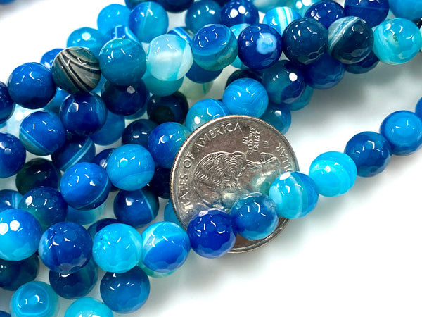 Natural Stripe Blue Agate Beads / Faceted Round Shape Beads / Healing Energy Stone Beads / 8mm 2 Strands Beads