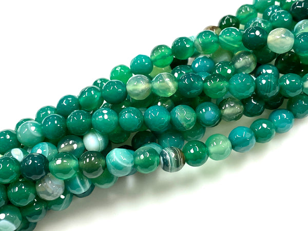 Natural Green Stripe Agate Beads / Faceted Round Shape Beads / Healing Energy Stone Beads / 8mm 2 Strand Gemstone Beads