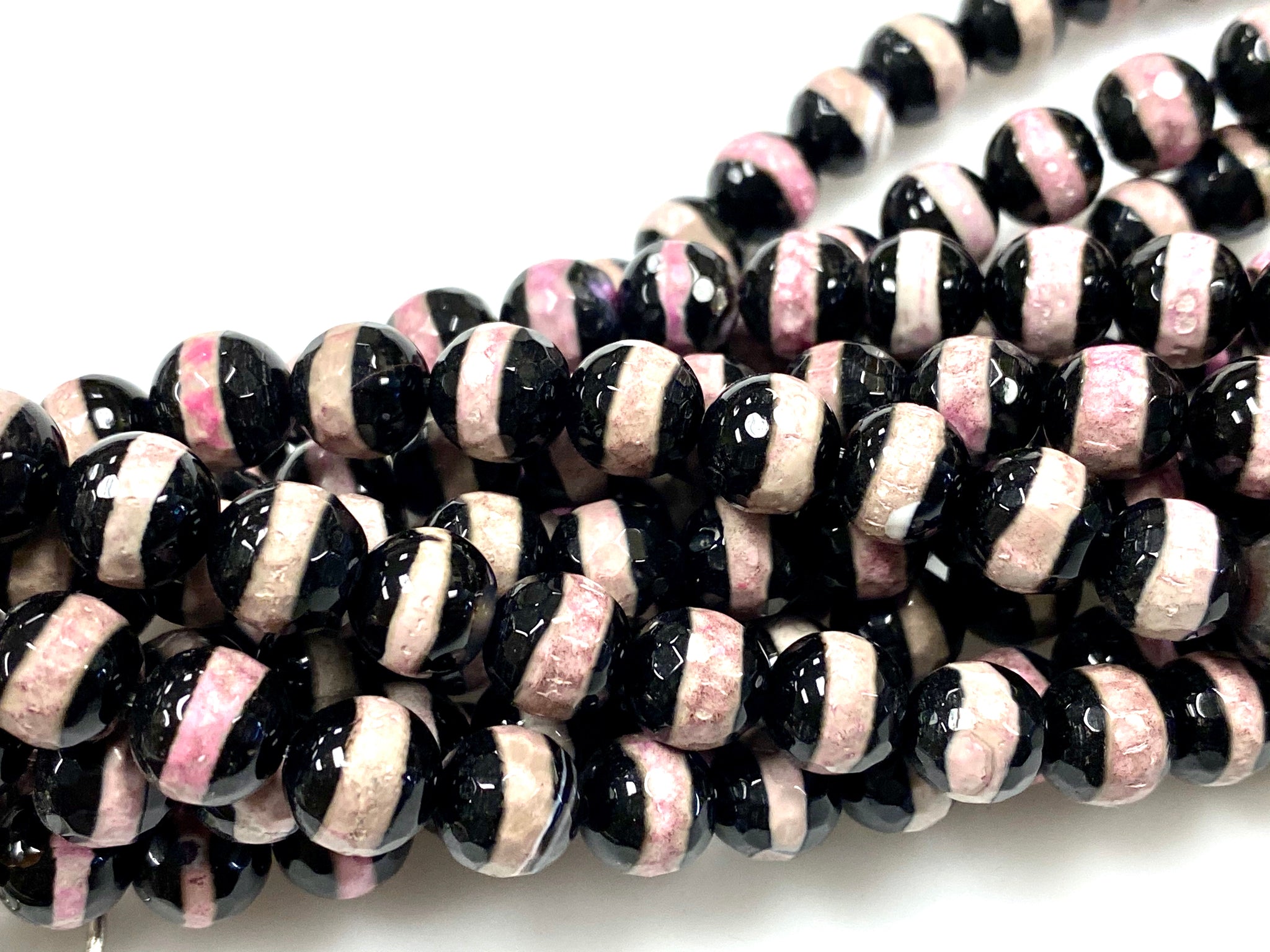 Natural Black Stripe Onyx Beads / Faceted Round Shape Beads / Healing Energy Stone Beads / 8mm 2 Strands Beads