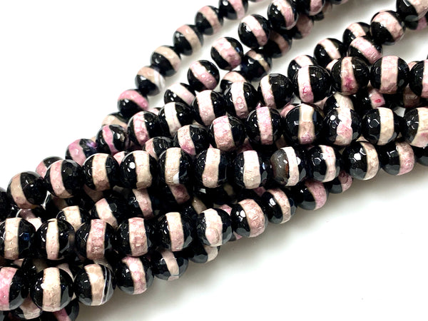 Natural Black Stripe Onyx Beads / Faceted Round Shape Beads / Healing Energy Stone Beads / 8mm 2 Strands Beads