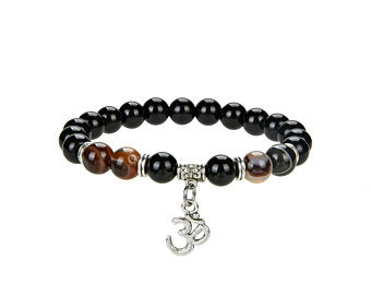 Natural Black Onyx And Coffee Agate Beaded Bracelet With Metal, Black Onyx And Coffee Agate 8 mm Round Shape